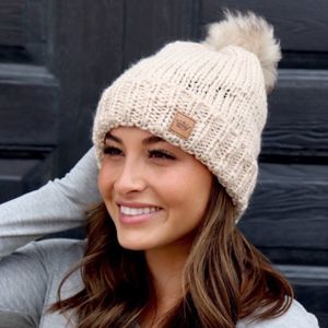 Cream Color Fleece Lined Pom Beanie Brand New